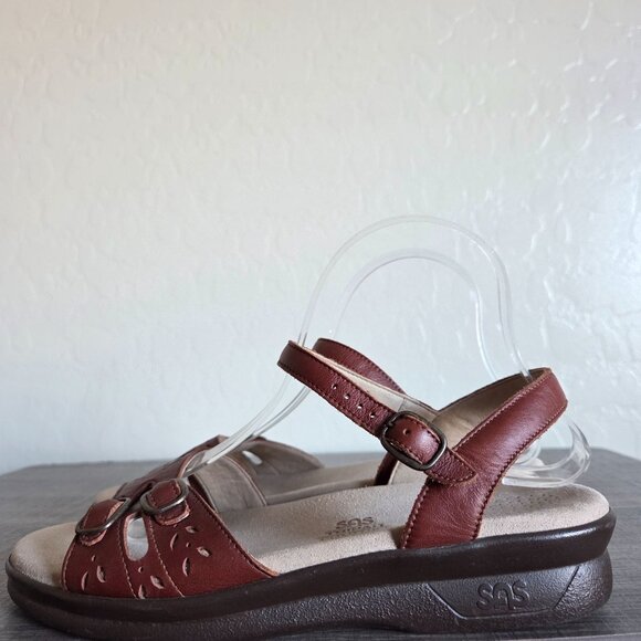 SAS Duo Buckle Leather Ankle Strap Sandal Brown Sz Womens 8.5 Comfort Adjustable - Picture 5 of 11
